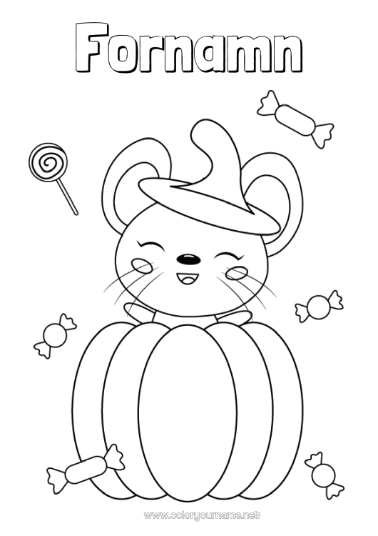 Färgläggningssida att skriva ut Godis Pumpa Söt Halloween Mus Djur Skogens djur