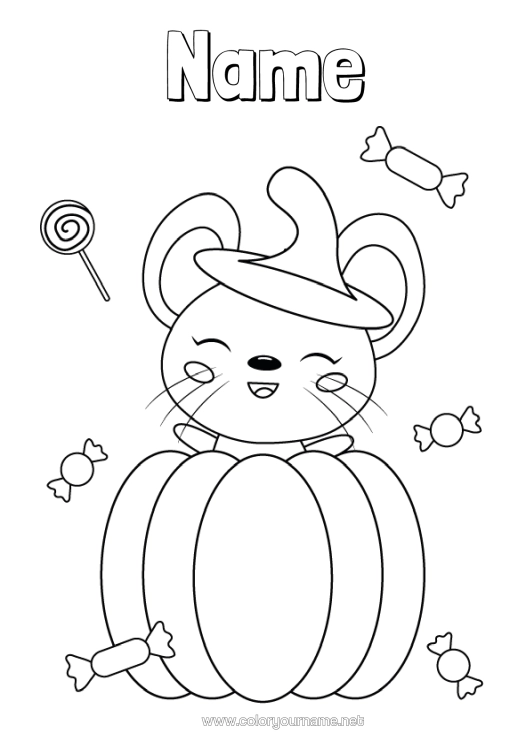 Colouring page to print Sweets Pumpkin Cute Halloween Mouse Animal Forest Animals