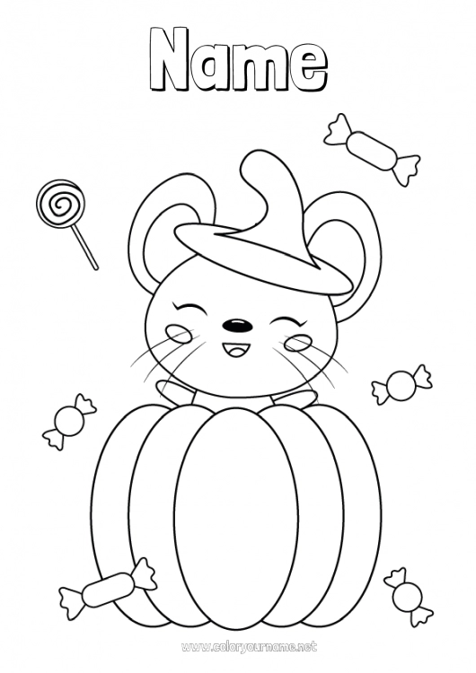 Coloring page to print Sweets Pumpkin Cute Halloween Mouse Animal Forest animals