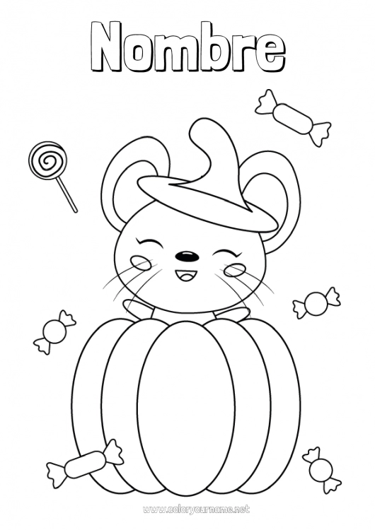 Dibujo para colorear para imprimir Caramelos Calabaza Lindo Halloween Ratón Animales Animales del bosque