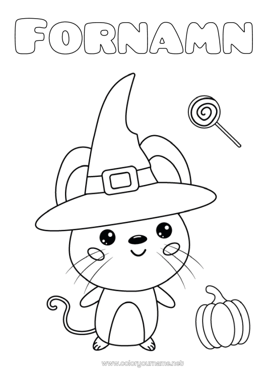 Färgläggningssida att skriva ut Utklädnad Pumpa Häxa Halloween Mus Djur Hatt Skogens djur