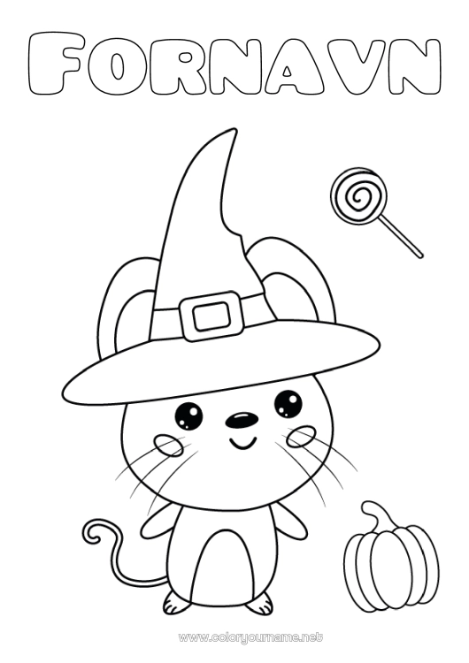 Fargeleggingssiden til utskrift Kostyme Gresskar Heks Halloween Mus Dyr Hatt Skogsdyr