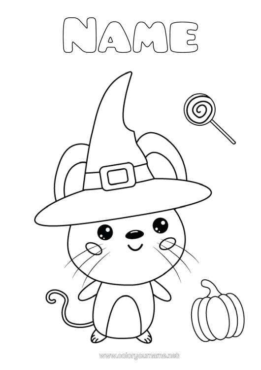 Colouring page to print Disguise Pumpkin Witch Halloween Mouse Animal Hat Forest Animals