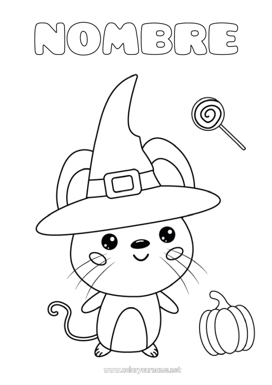 Dibujo para colorear para imprimir Disfraz Calabaza Bruja Halloween Ratón Animales Sombrero Animales del bosque