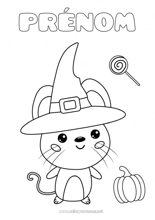 Coloriage à imprimer Déguisement Citrouille Sorcière Halloween Souris Animal Chapeau Animaux de la forêt