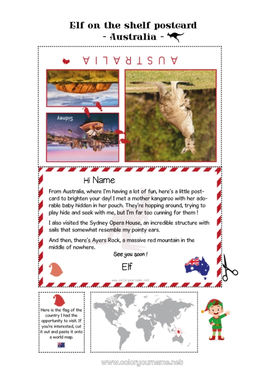 Coloring page to print Australia Elf on the Shelf Trip Postcard Postcard of a SINGLE elf