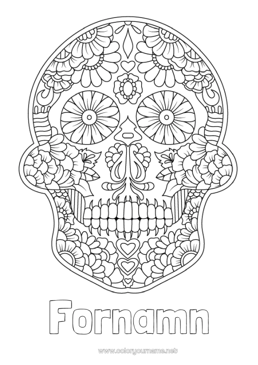 Färgläggningssida att skriva ut Blommor Skalle De dödas dag Mexiko Calaveras, dödskallar