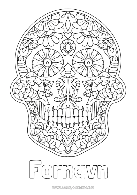 Fargeleggingssiden til utskrift Blomster Kranium De dødes dag Mexico Calaveras, hodeskaller