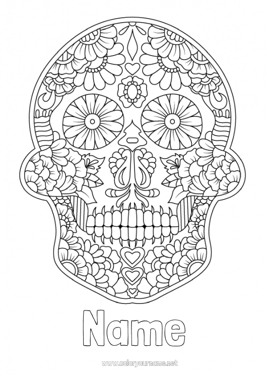 Coloring page to print Flowers Skull Día de los Muertos Mexico Calaveras, skulls