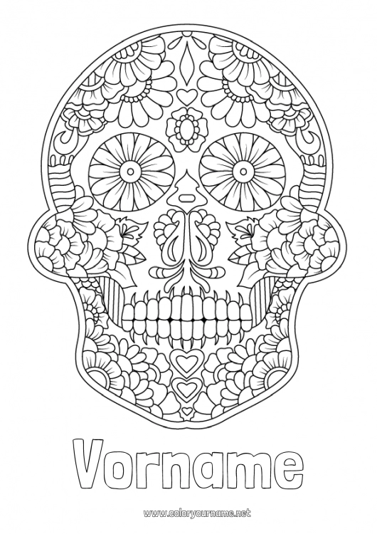 Malvorlage zum Ausdrucken Blumen Schädel Día de los Muertos Mexiko Calaveras, Schädel