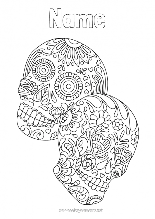 Coloring page to print Skull Día de los Muertos Mexico Calaveras, skulls