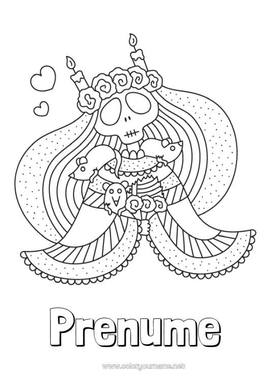 Pagină de colorat de imprimat Schelet Cranium Ziua Morților Mexic Calaveras, capete de mort Căsătorie Mireasă