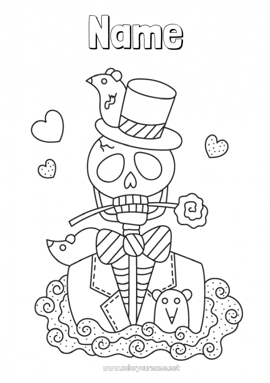 Coloring page to print Skeleton Skull Día de los Muertos Mexico Calaveras, skulls