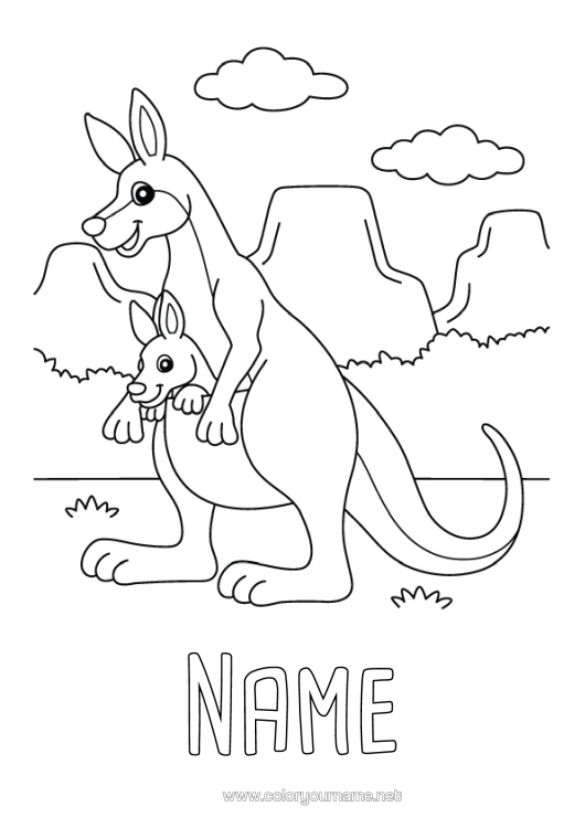 Colouring page to print Animal Australia Other Animals Of The World Kangaroo Animal Family Cub Animals Of Australia