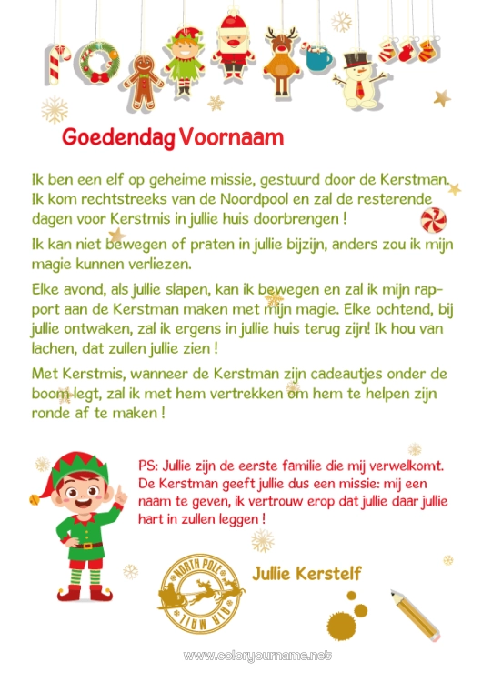 Kleurplaat om af te drukken Kerstelf Kerstmis Brieven van ondeugende elfjes Elf Aankomstbrief