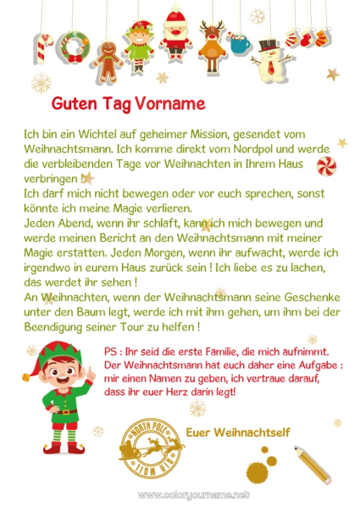 Malvorlage zum Ausdrucken Weihnachtself Weihnachten Elfenstreiche-Briefe Elf Ankunftsbrief