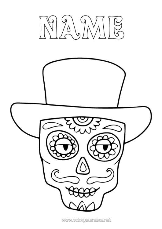 Colouring page to print Skull Day Of The Dead Hat Easy Colouring Pages Calaveras, Skulls