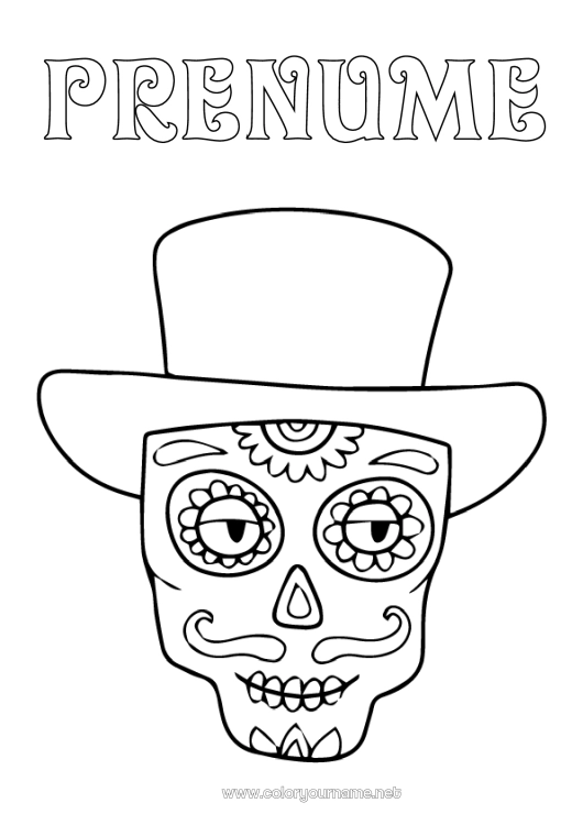 Pagină de colorat de imprimat Cranium Ziua Morților Pălărie Desene de colorat ușoare Calaveras, capete de mort