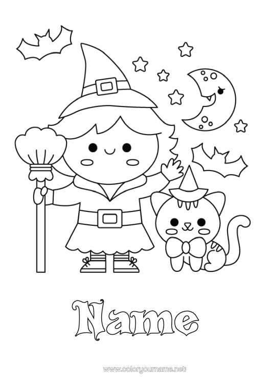 Colouring page to print Bat Broom Witch Black Cat Cute Dogs And Cats Birds And Flying Mammals