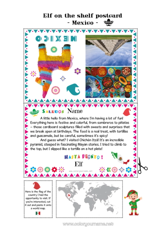 Colouring page to print Mexico Mischievous Elf's Journey Postcard Postcard Of A Single Elf A Single Mischievous Elf