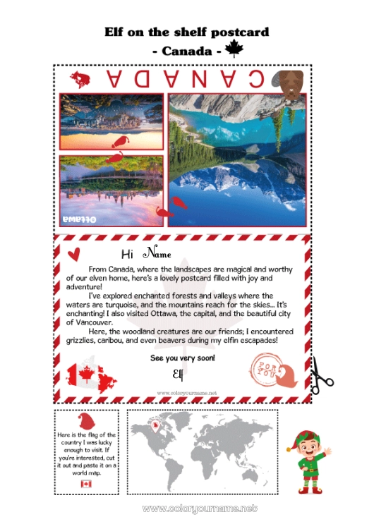 Coloring page to print Canada Elf on the Shelf Trip Postcard Postcard of a SINGLE elf