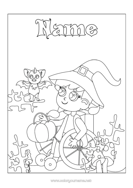 Colouring page to print Bat Witch Halloween Birds And Flying Mammals Wizard's Hat Wheelchair