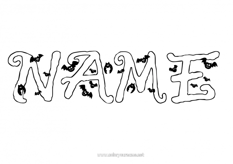 Coloring page to print Bat Halloween Animal Decorated name Flying birds and mammals