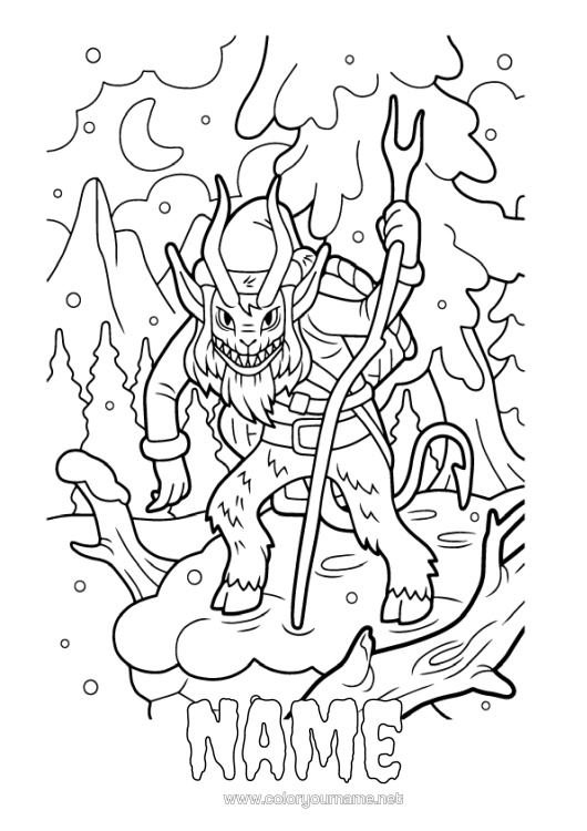 Colouring page to print Monster Christmas Forest Krampus Saint Nicholas