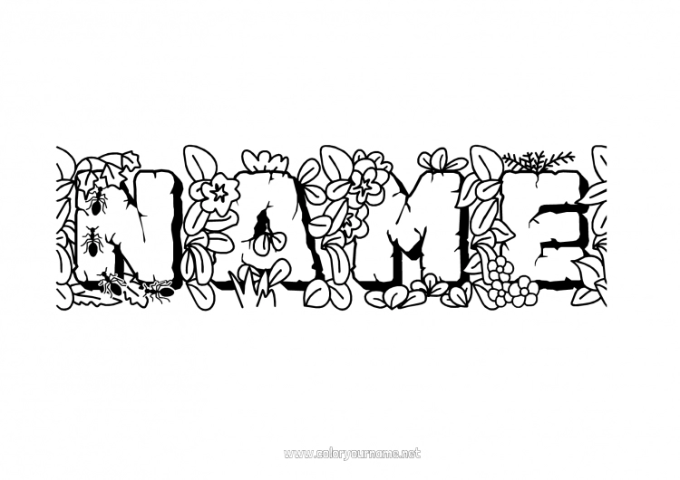 Coloring page to print Spider Flowers Leaves Decorated name Ant Insects