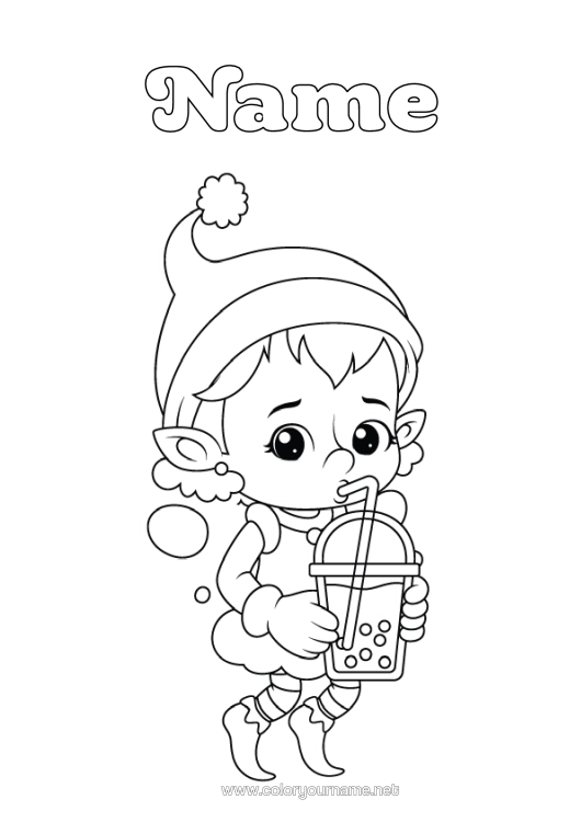 Colouring page to print Christmas Elves Elf Colouring Pages Drink Bubble Tea