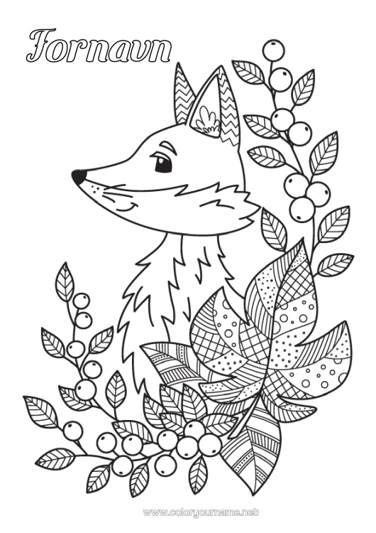 Fargeleggingssiden til utskrift Rev Dyr Blader Zentangle Skogsdyr