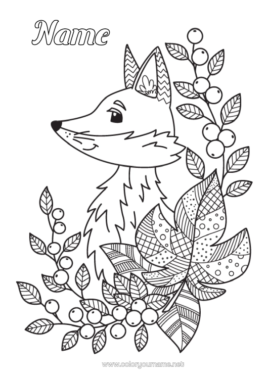 Colouring page to print Fox Animal Leaves Zentangle Forest Animals