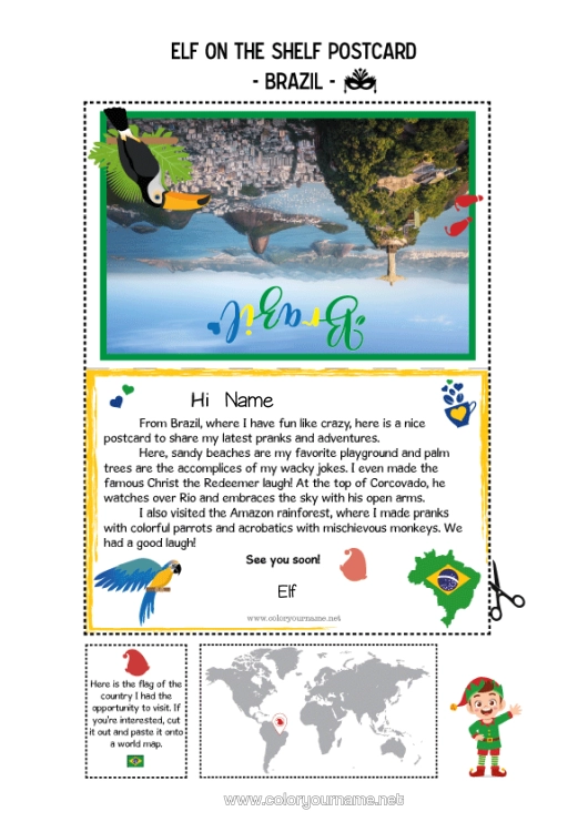Colouring page to print Brazil Mischievous Elf's Journey Postcard Postcard Of A Single Elf A Single Mischievous Elf