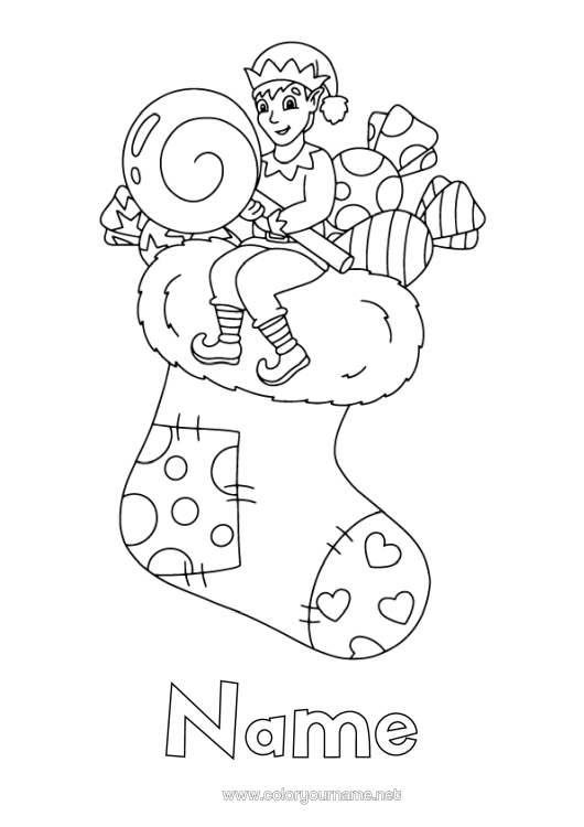 Colouring page to print Sweets Christmas Elves Elf Colouring Pages Treats, Sweets Pacifier Christmas Stocking