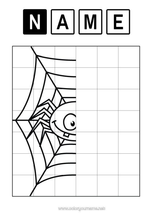 Colouring page to print Spider Children's Activities Animal Insects Cobweb Symmetry Grid Drawing