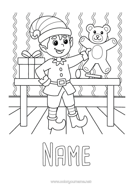 Colouring page to print Christmas Elves Elf Colouring Pages Nanny Games And Toys Santa's Workshop Soft Toy