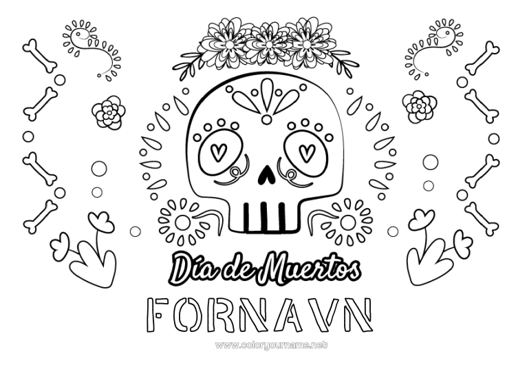 Farvelægningssiden til udskrivning Blomster Kranie Dødsdagene Calaveras, kranier