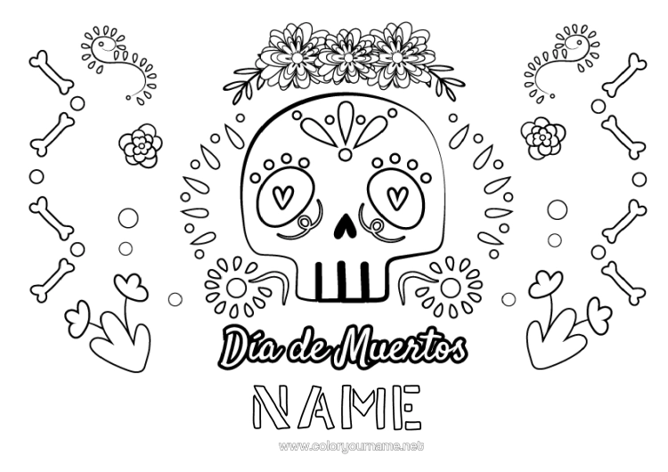 Colouring page to print Flowers Skull Day Of The Dead Calaveras, Skulls