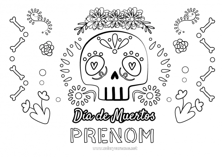 Coloriage à imprimer Fleurs Crâne Día de los Muertos Calaveras, têtes de mort