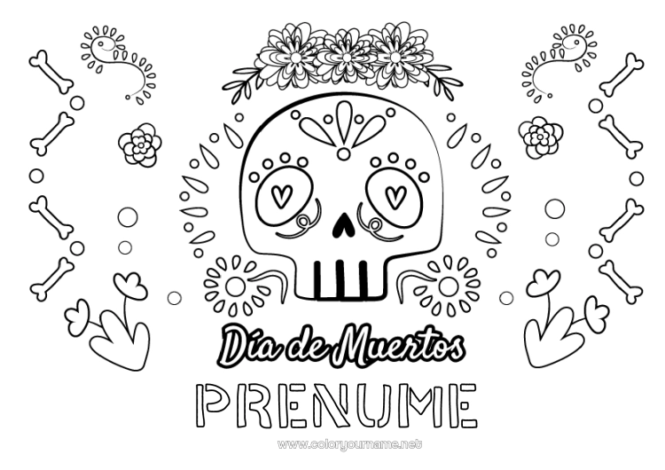 Pagină de colorat de imprimat Flori Cranium Ziua Morților Calaveras, capete de mort