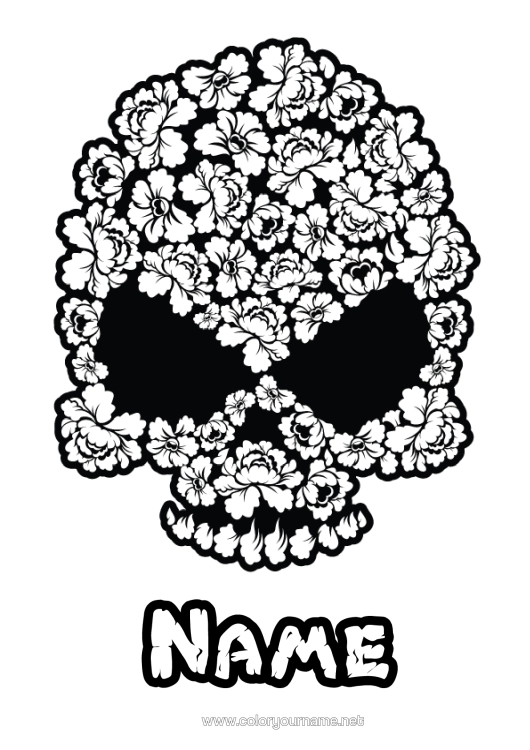Colouring page to print Flowers Skull Day Of The Dead Calaveras, Skulls