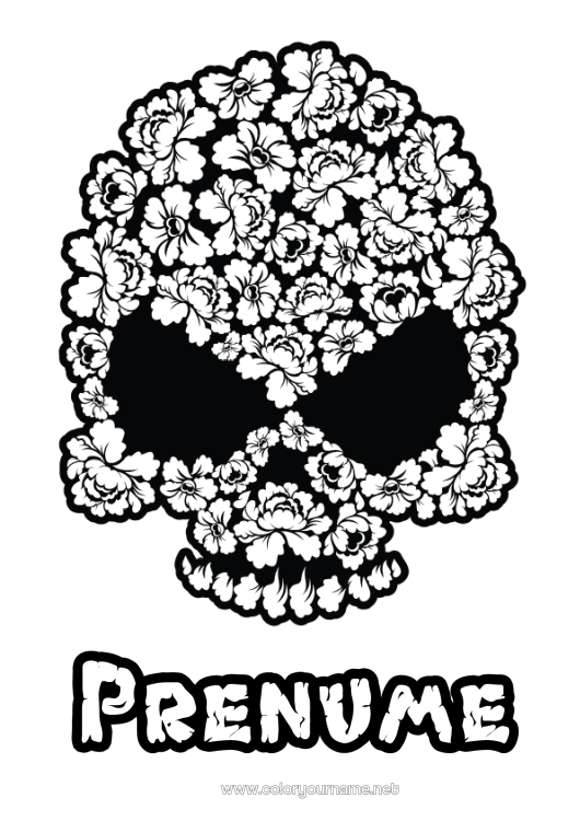 Pagină de colorat de imprimat Flori Cranium Ziua Morților Calaveras, capete de mort