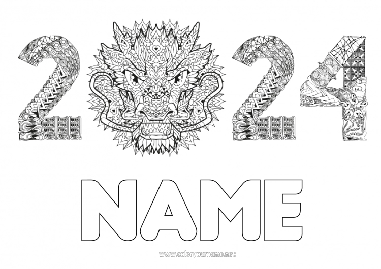 Coloring page to print Dragon Happy new year Chinese New Year Dragons, unicorns and fantastic animals 2024