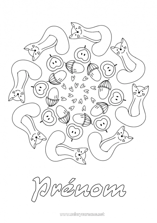 Coloriage à imprimer Chat noir Mandala Fruits Poire Gland