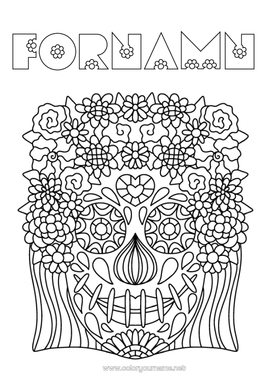 Färgläggningssida att skriva ut Blommor De dödas dag Komplexa målarbilder Catrina Calaveras, dödskallar