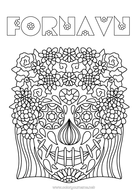 Fargeleggingssiden til utskrift Blomster De dødes dag Komplekse fargelegginger Catrina Calaveras, hodeskaller