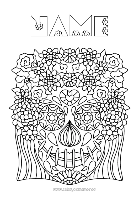 Colouring page to print Flowers Day Of The Dead Complex Colouring Pages Catrina Calaveras, Skulls