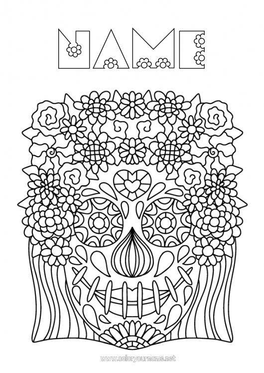 Coloring page to print Flowers Día de los Muertos Complex coloring pages Catrina Calaveras, skulls