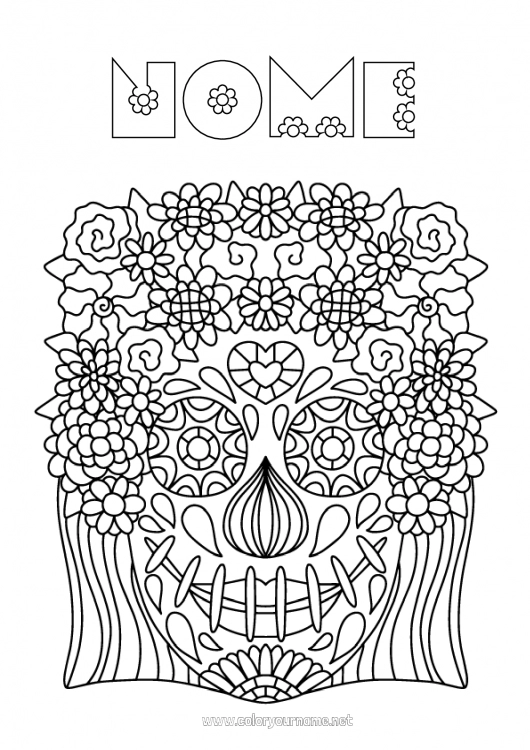 Página de desenho para imprimir Flores Dia dos Mortos Colorações Complexas Catrina Calaveras, caveiras