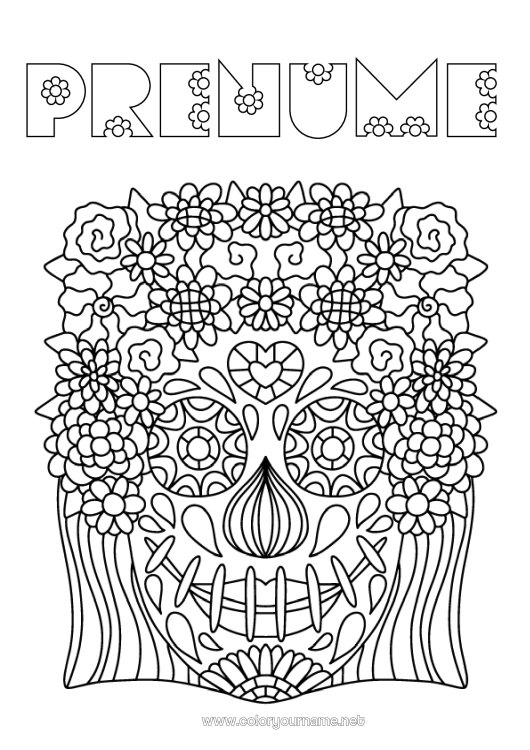 Pagină de colorat de imprimat Flori Ziua Morților Desene de colorat complexe Catrina Calaveras, capete de mort